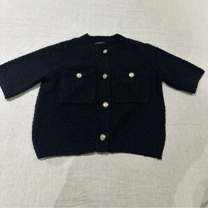 Massimo Dutti Black Textured Cardigan with Gold Buttons